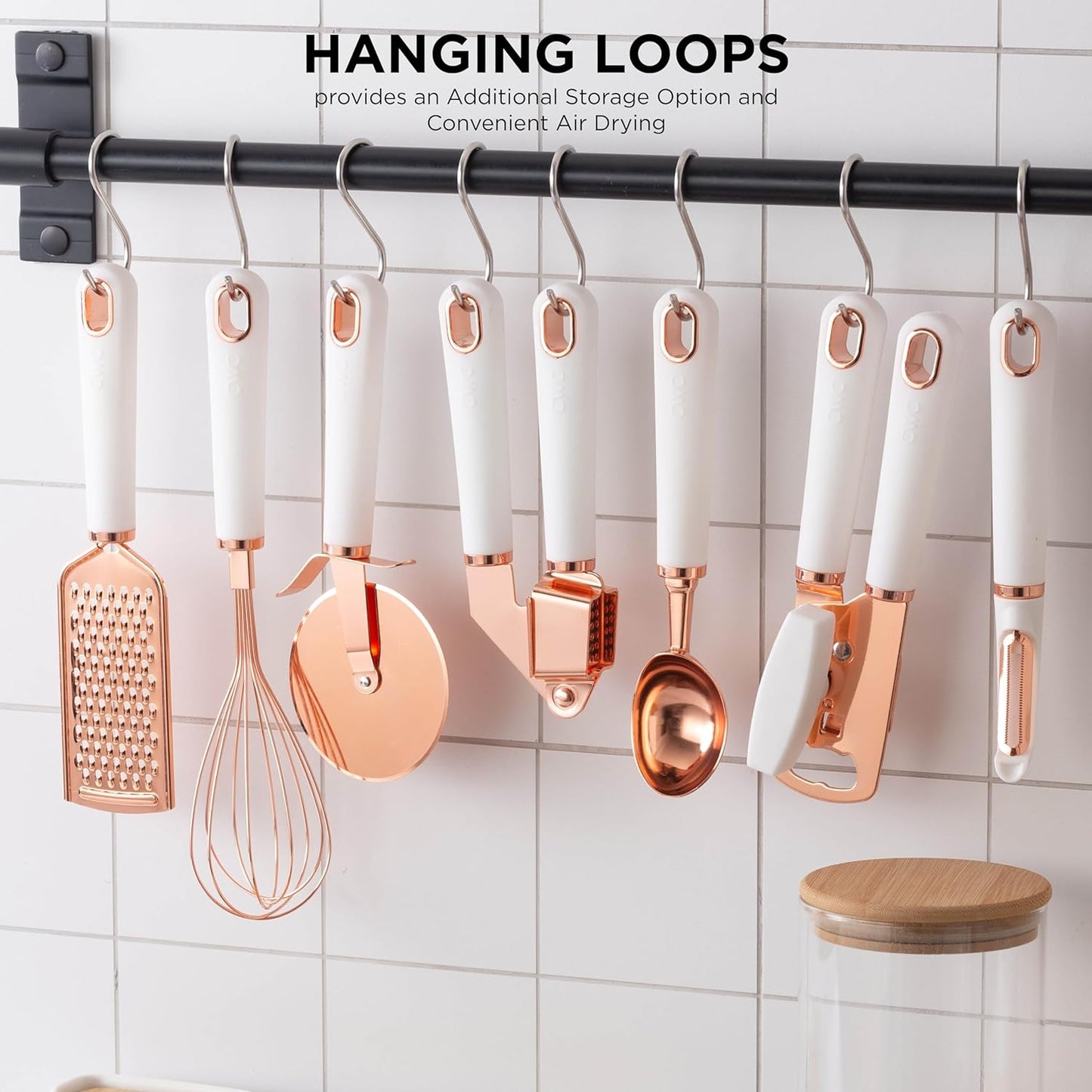 7 Pc Rose Gold Utensils with Soft Touch White Handles