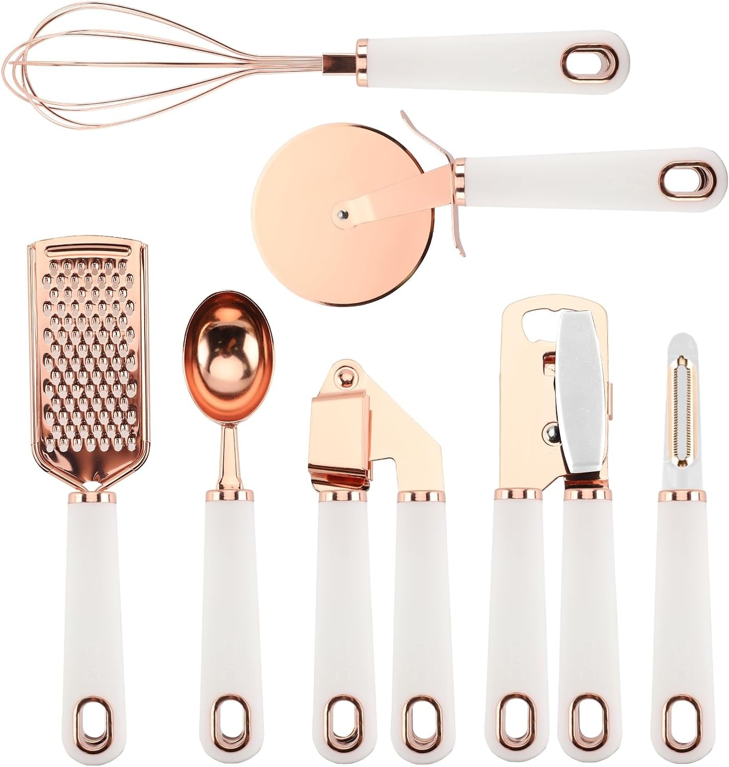 7 Pc Rose Gold Utensils with Soft Touch White Handles