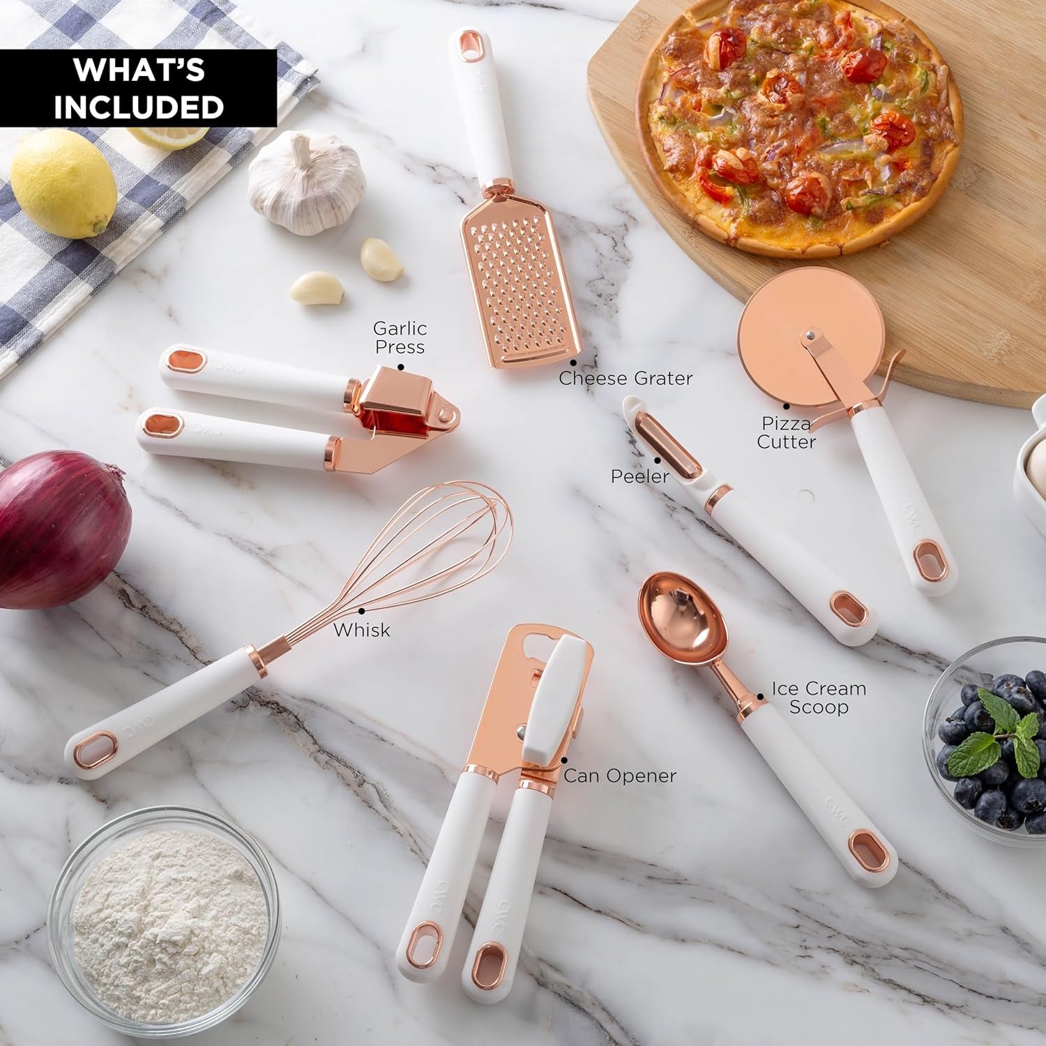 7 Pc Rose Gold Utensils with Soft Touch White Handles