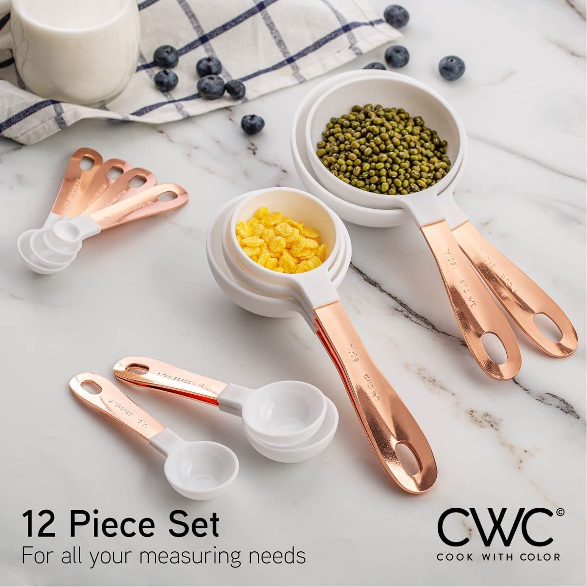 12 PC Nesting Cups Set and Measuring Spoon Set with Copper Coated Stainless Steel Handles